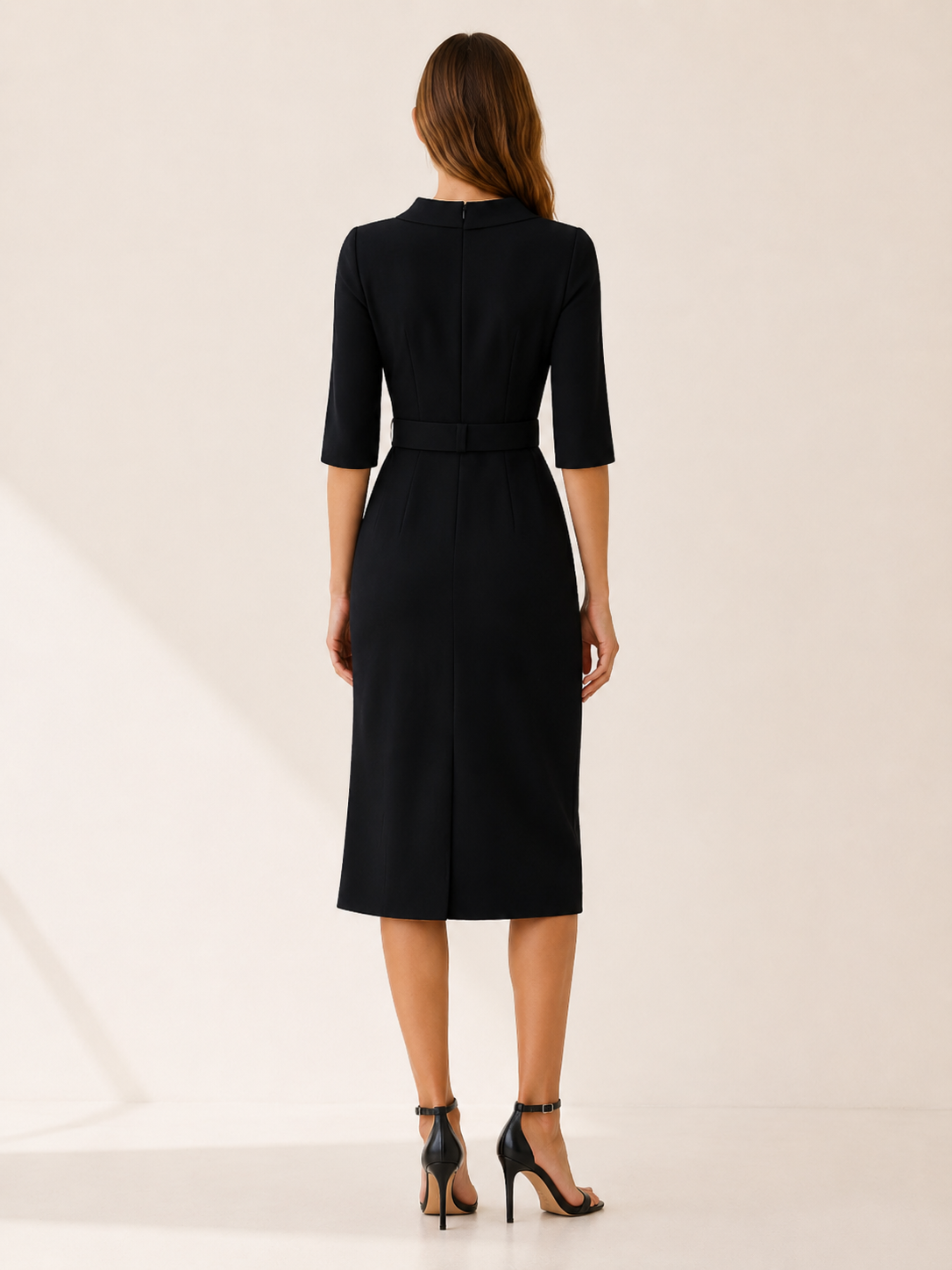 Marena | Midi Dress with Belted Waist and Sleeve Slits
