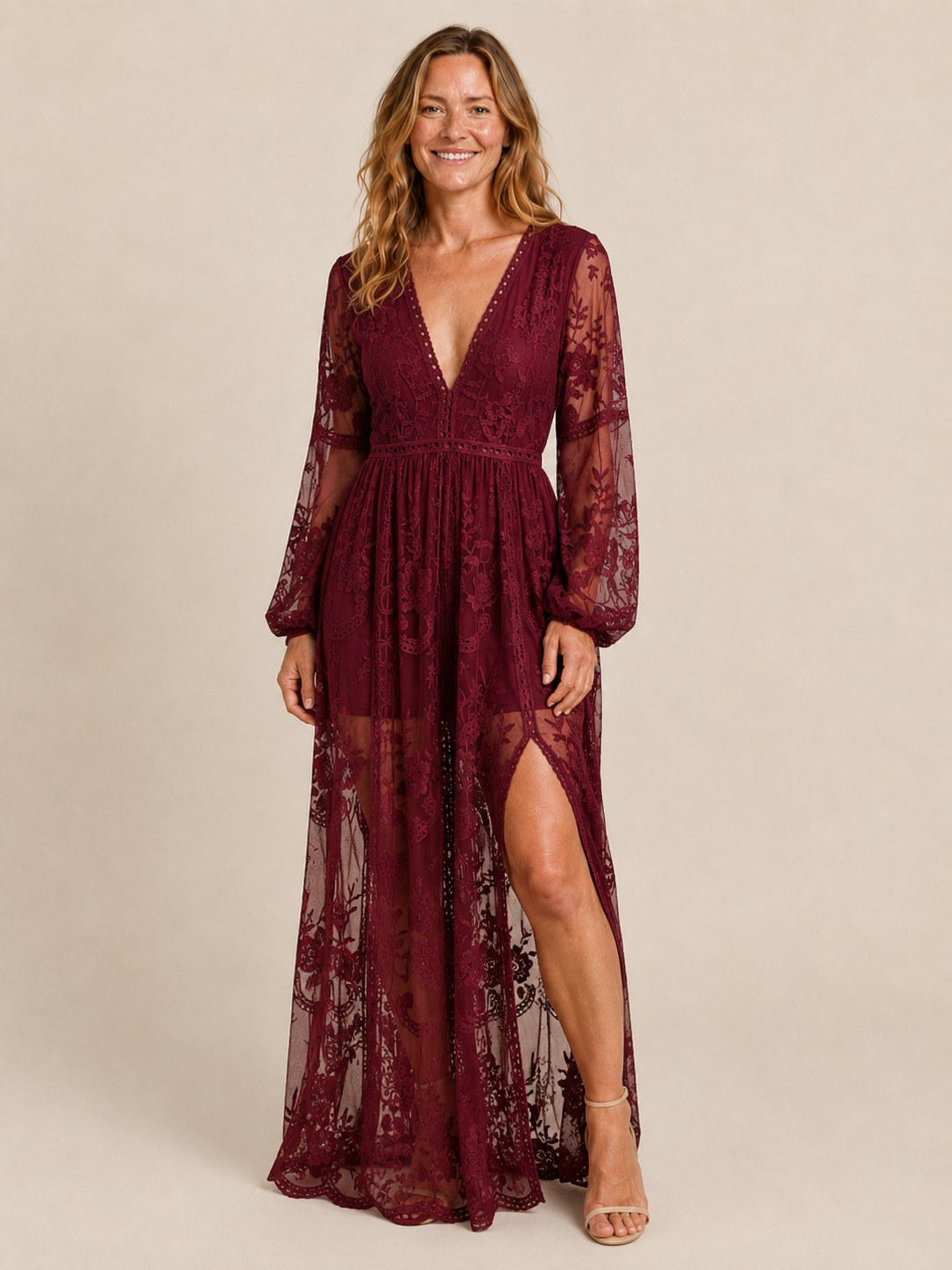 Maressa | Women's Floral Lace Long Sleeve Evening Maxi Dress