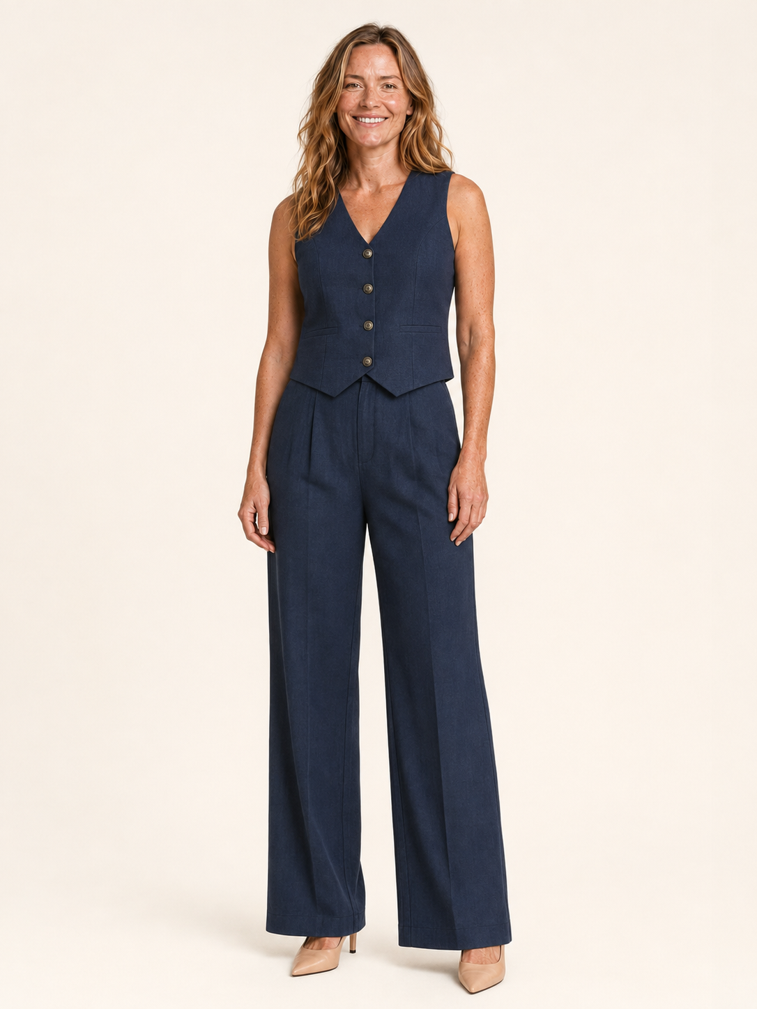 Marissa | Women's Linen Blend Vest and Wide Leg Pants Set