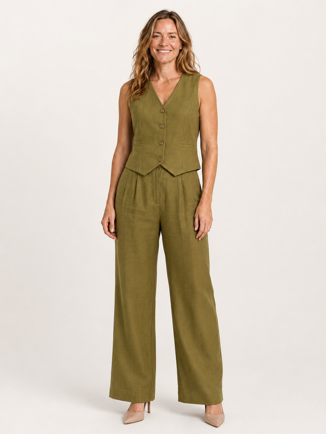 Marissa | Women's Linen Blend Vest and Wide Leg Pants Set