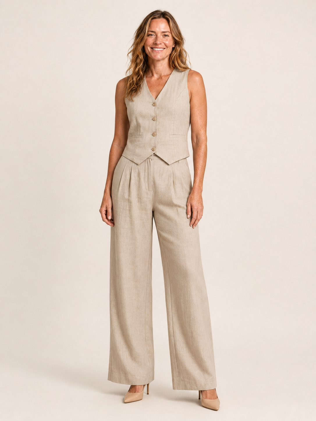 Marissa | Women's Linen Blend Vest and Wide Leg Pants Set