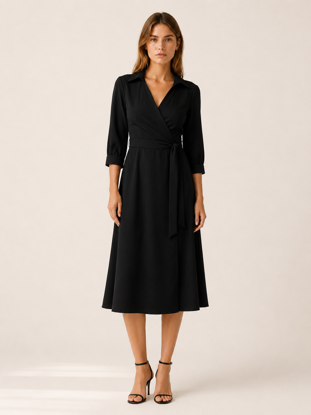 Marla | Wrap Midi Dress with Tie Waist and Collar