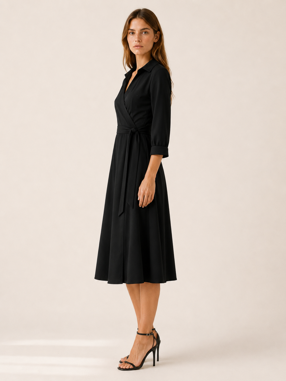 Marla | Wrap Midi Dress with Tie Waist and Collar