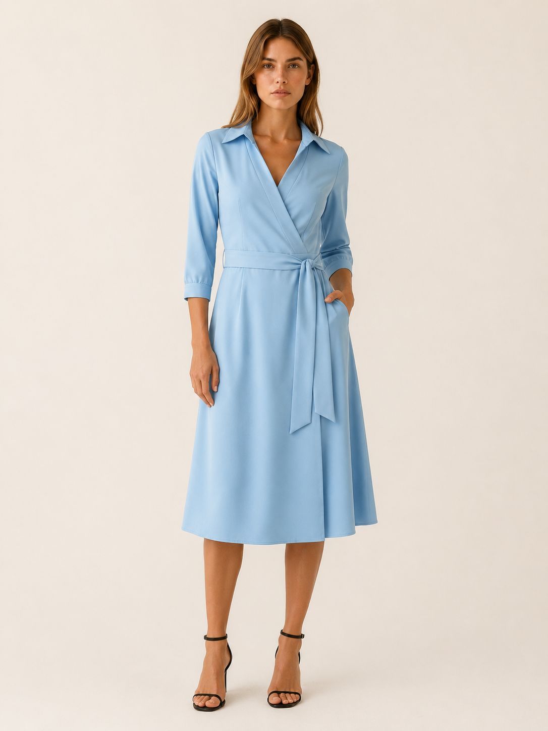 Marla | Wrap Midi Dress with Tie Waist and Collar