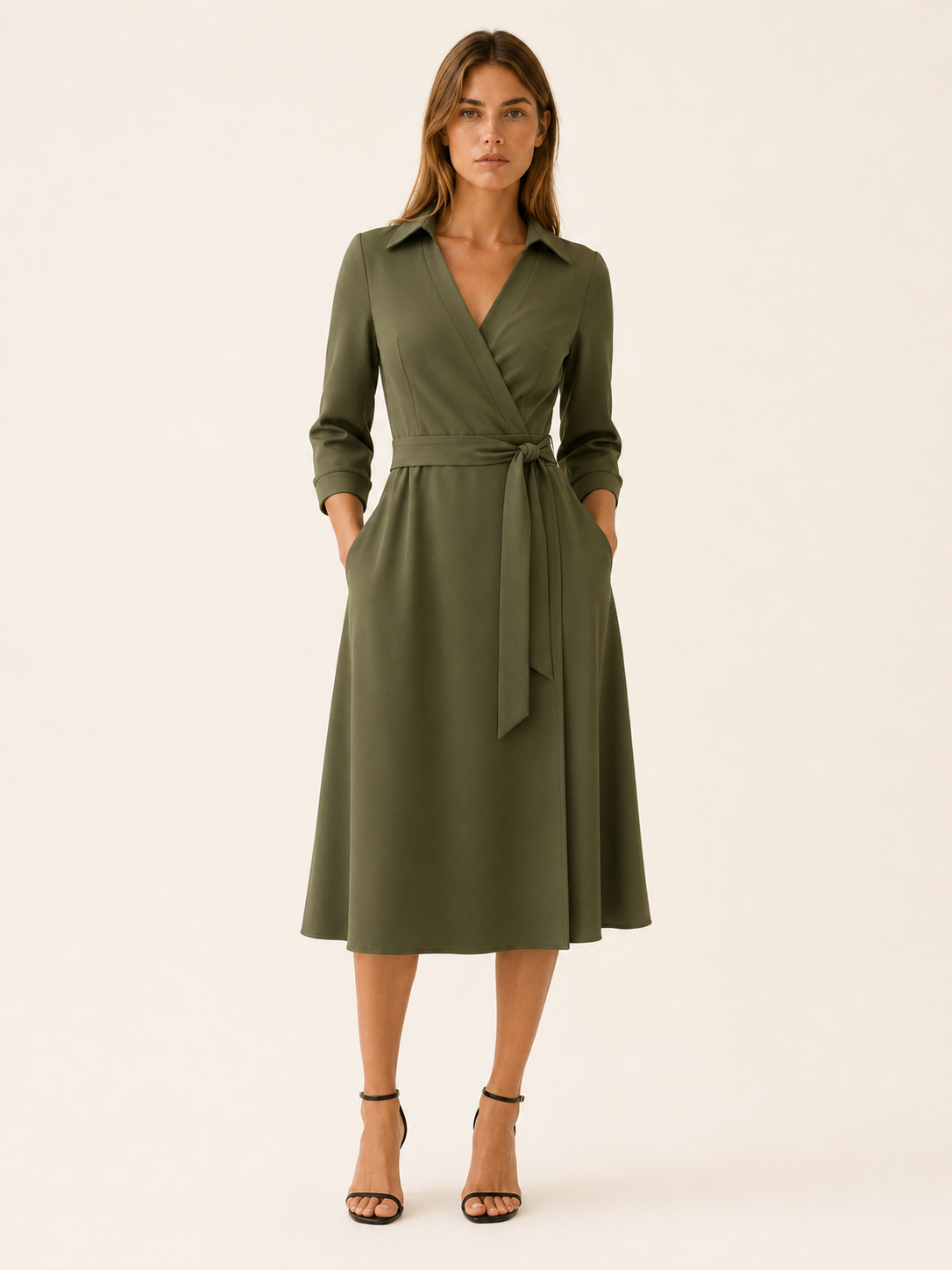 Marla | Wrap Midi Dress with Tie Waist and Collar