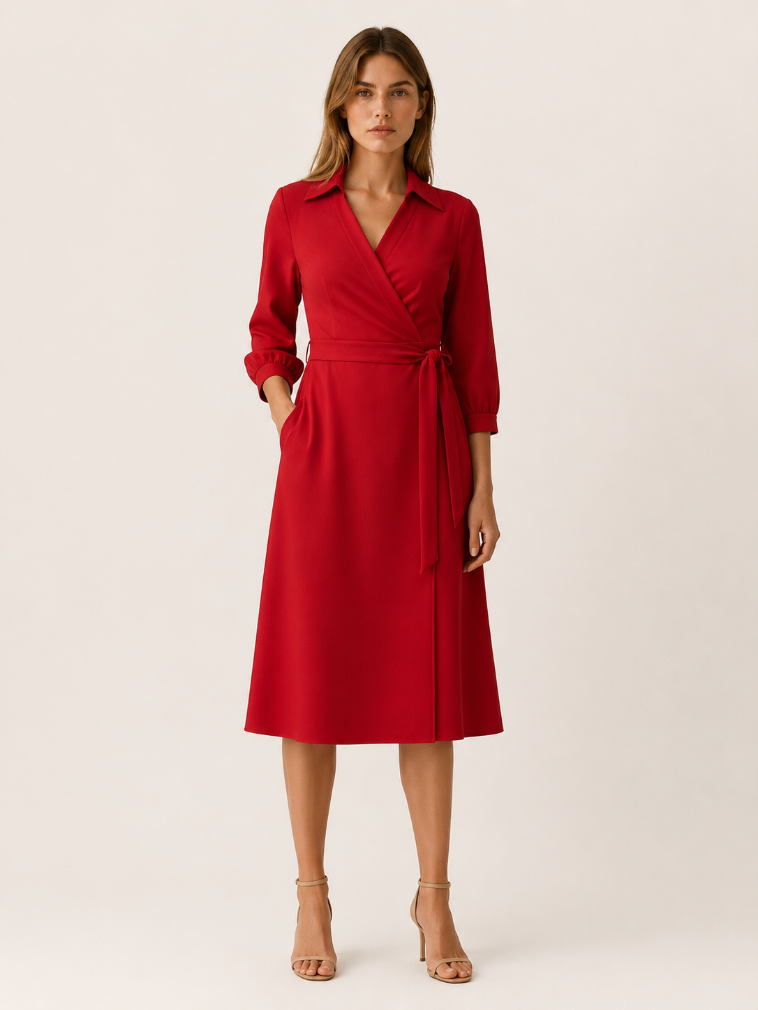 Marla | Wrap Midi Dress with Tie Waist and Collar