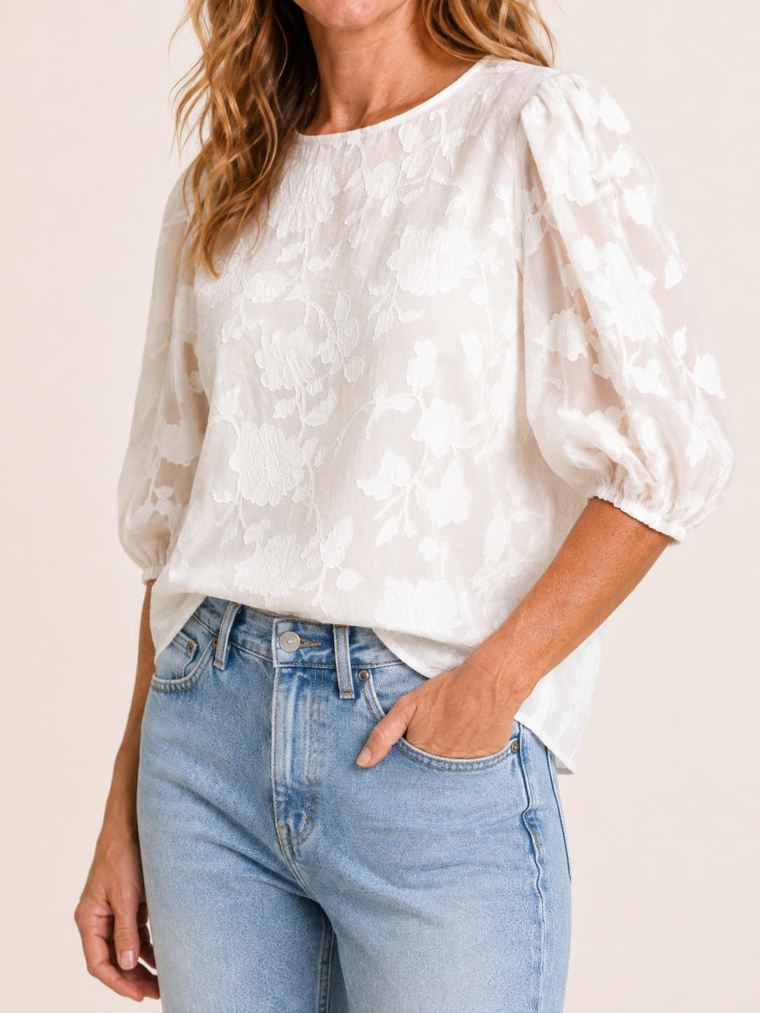 Marlena | Women's Floral Textured Puff Sleeve Blouse