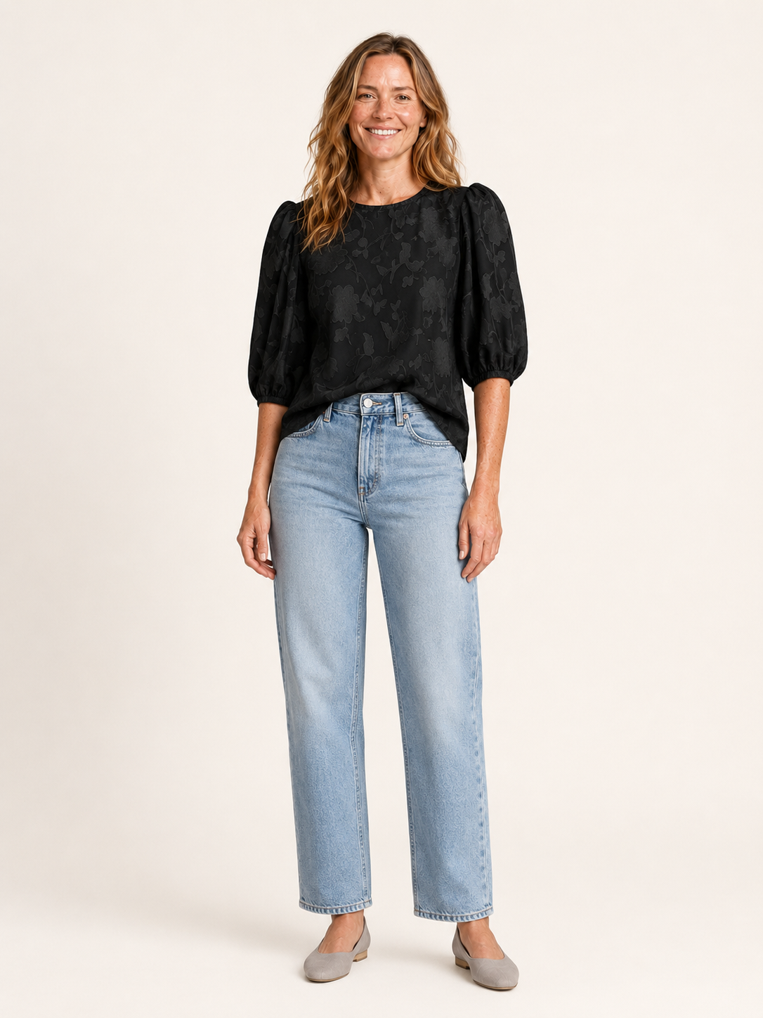 Marlena | Women's Floral Textured Puff Sleeve Blouse