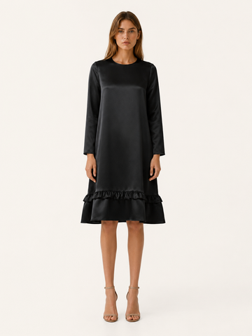 Marlow | Satin Midi Dress with Ruffle Hem Black Occasion