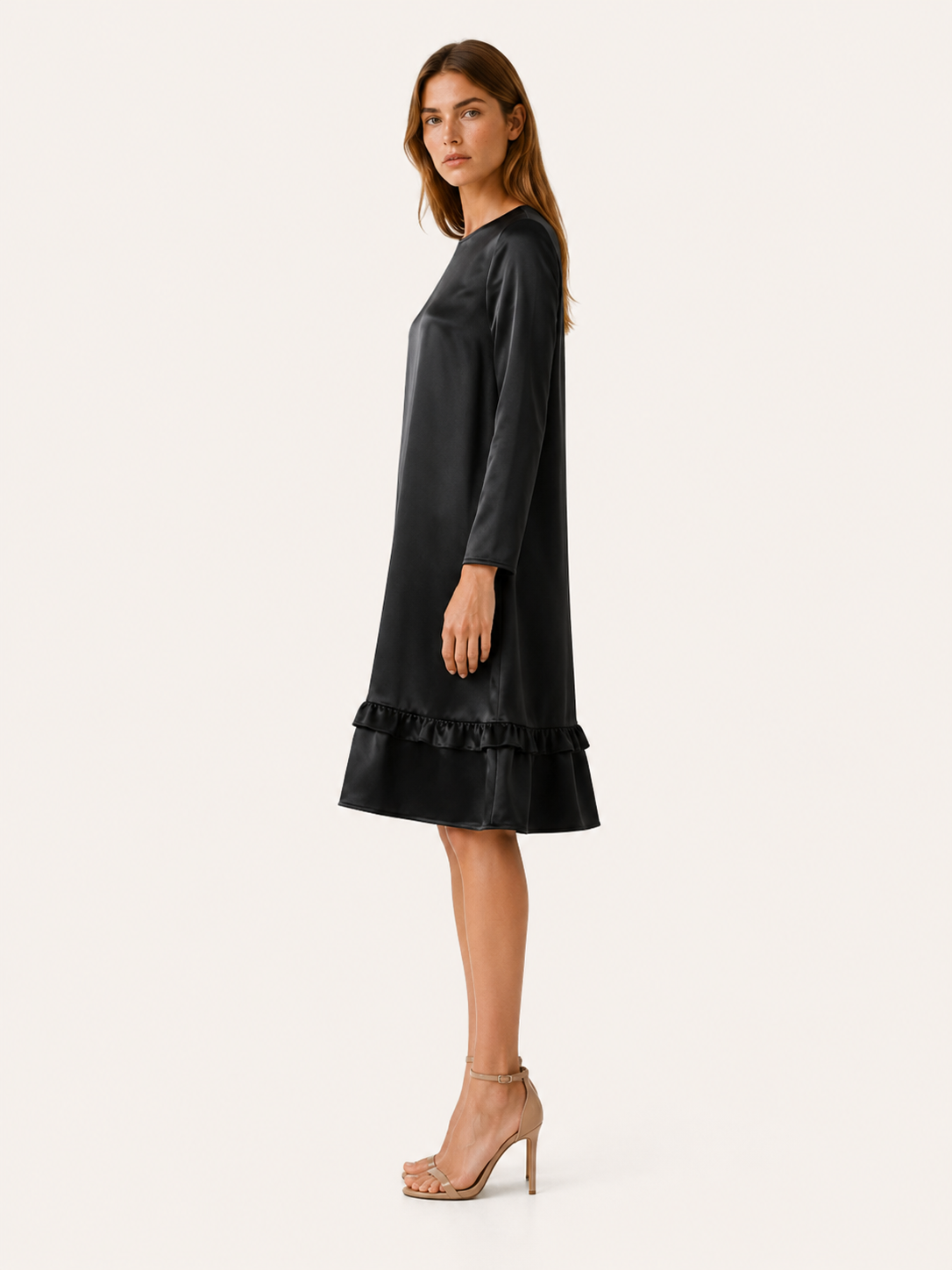 Marlow | Satin Midi Dress with Ruffle Hem Black Occasion