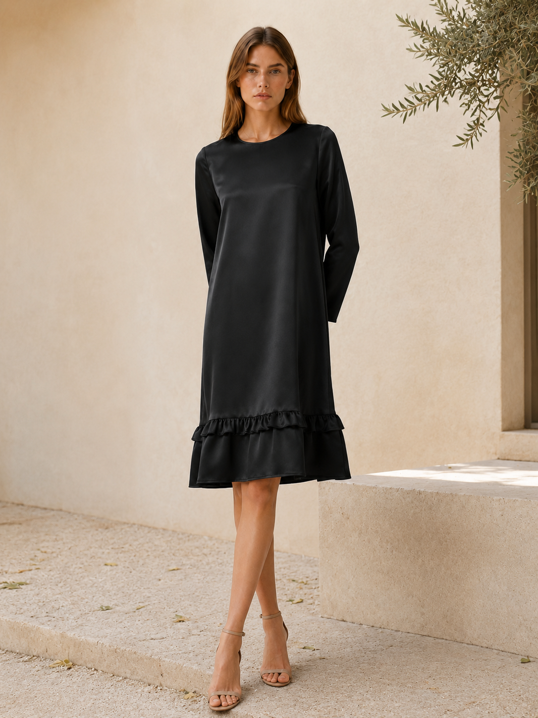 Marlow | Satin Midi Dress with Ruffle Hem Black Occasion