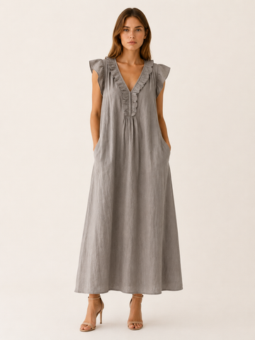 Marvia | Linen Maxi Dress with Ruffle V Neck and Pockets