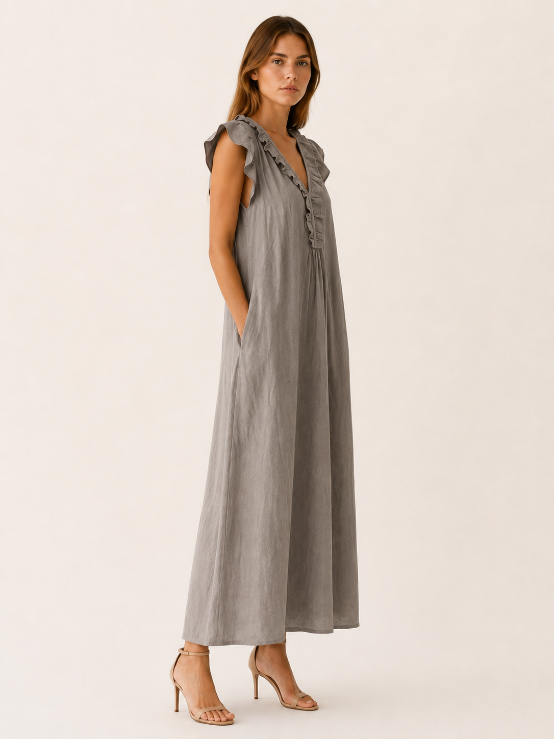 Marvia | Linen Maxi Dress with Ruffle V Neck and Pockets