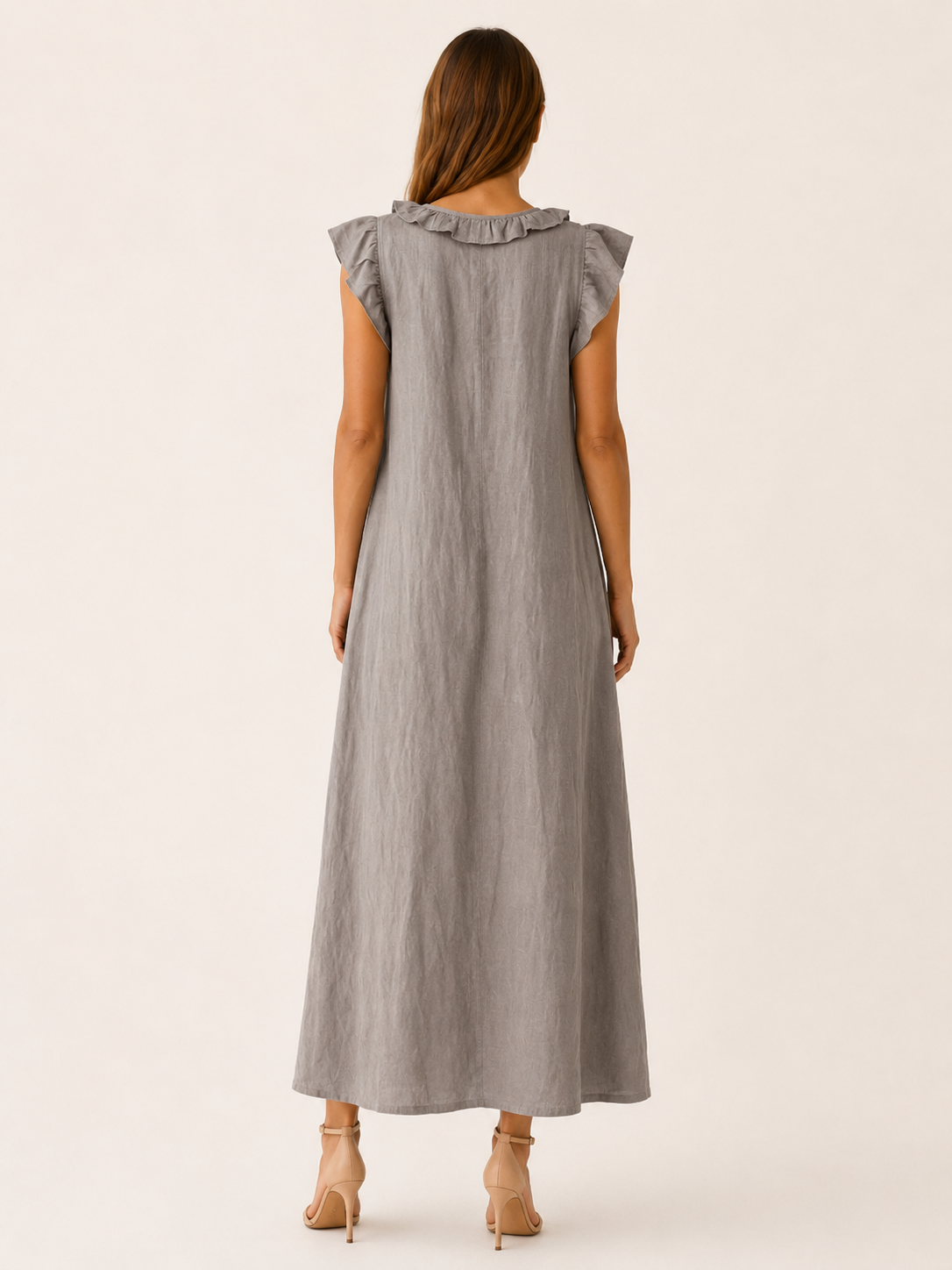 Marvia | Linen Maxi Dress with Ruffle V Neck and Pockets
