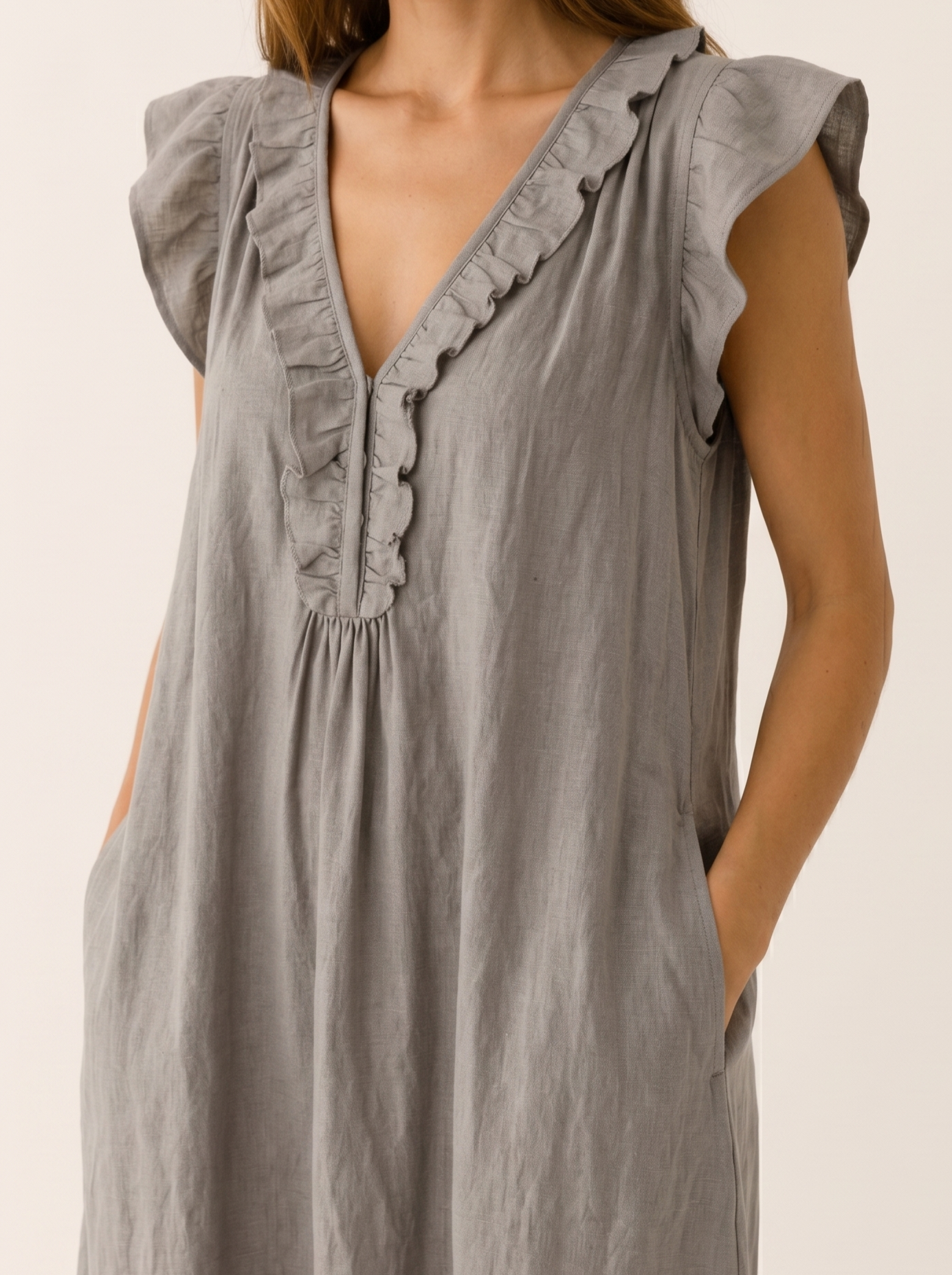 Marvia | Linen Maxi Dress with Ruffle V Neck and Pockets
