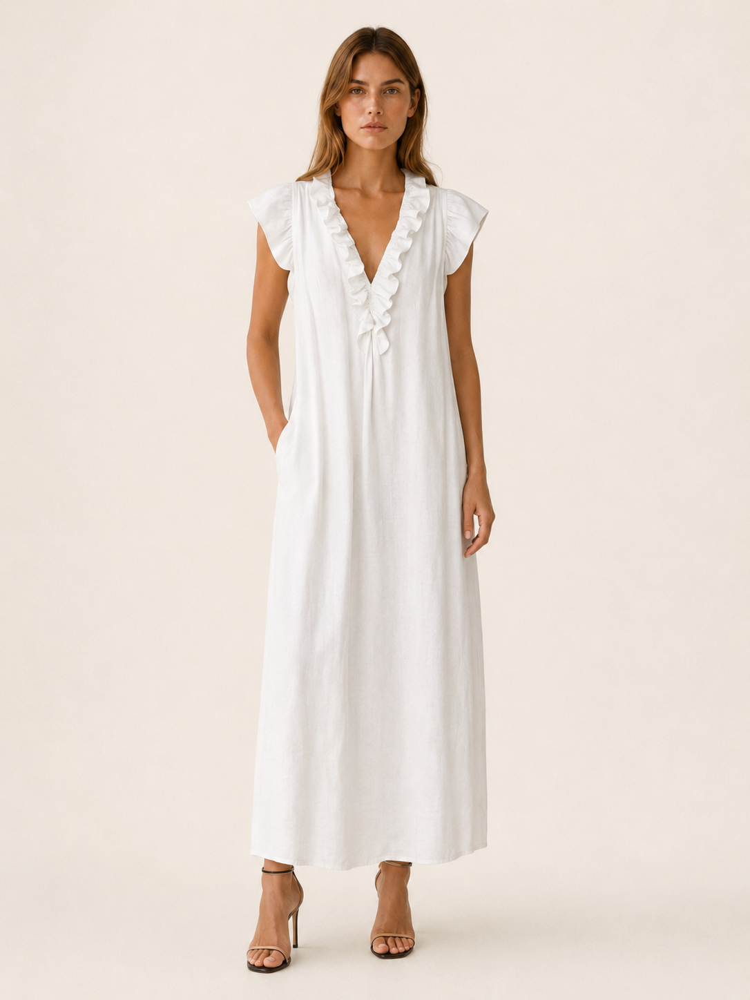 Marvia | Linen Maxi Dress with Ruffle V Neck and Pockets