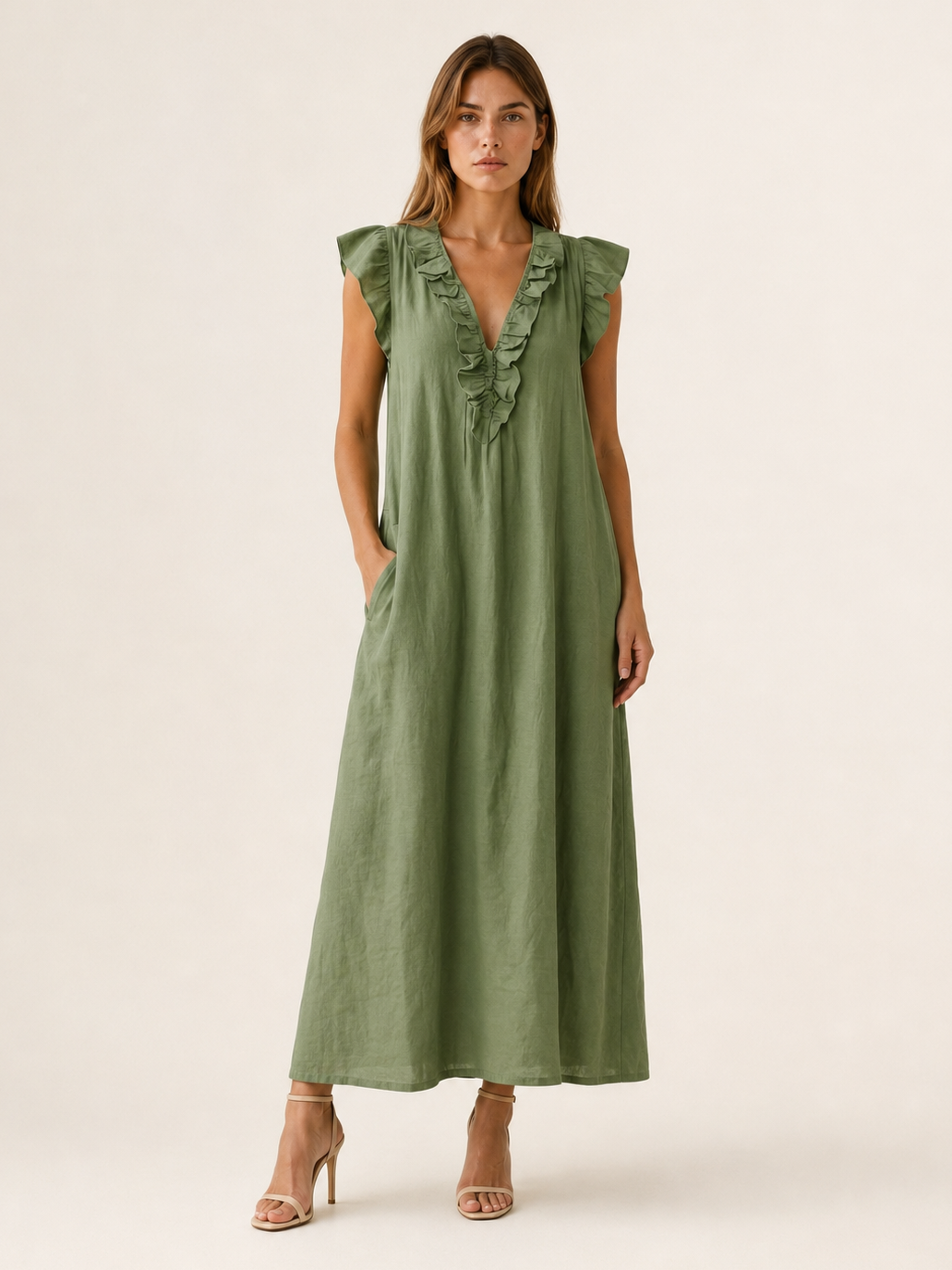 Marvia | Linen Maxi Dress with Ruffle V Neck and Pockets