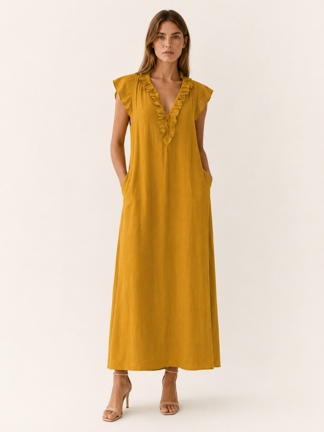 Marvia | Linen Maxi Dress with Ruffle V Neck and Pockets