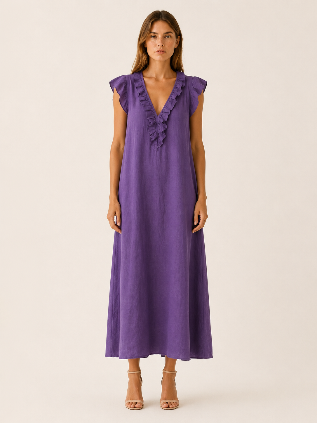 Marvia | Linen Maxi Dress with Ruffle V Neck and Pockets
