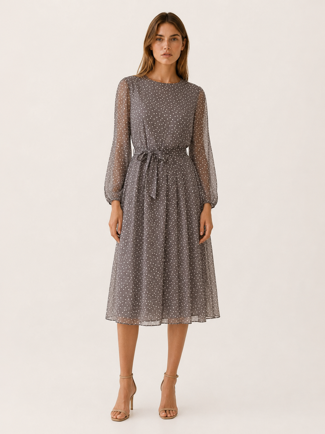 Marvyn | Polka Dot Midi Dress with Tie Waist Long Sleeves