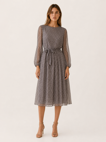 Marvyn | Polka Dot Midi Dress with Tie Waist Long Sleeves