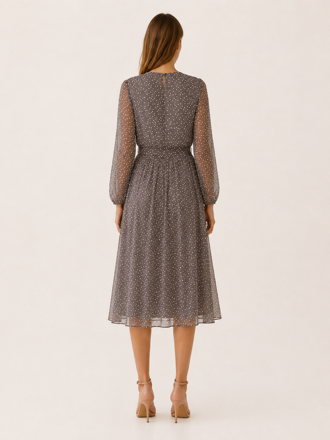 Marvyn | Polka Dot Midi Dress with Tie Waist Long Sleeves