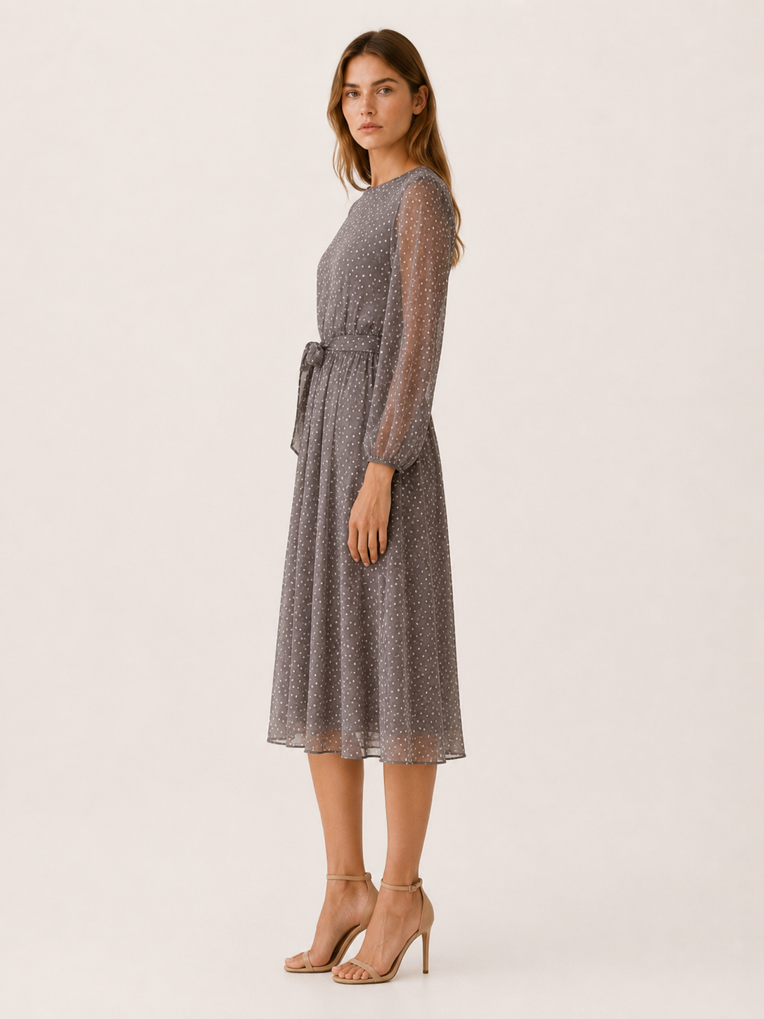 Marvyn | Polka Dot Midi Dress with Tie Waist Long Sleeves