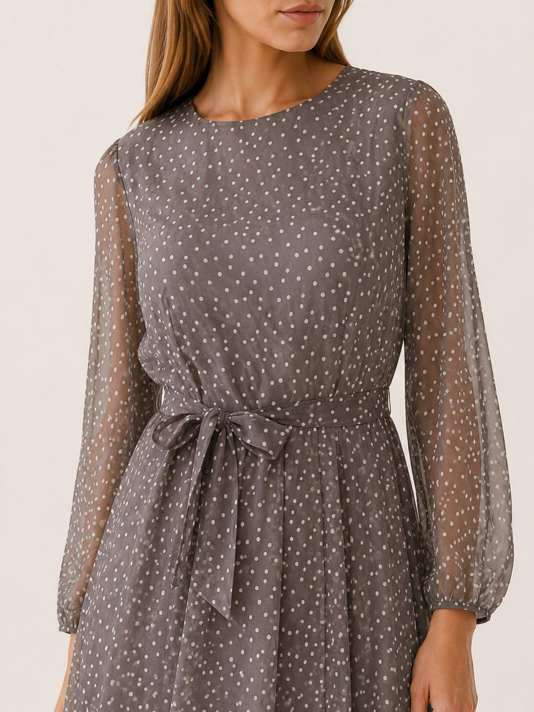 Marvyn | Polka Dot Midi Dress with Tie Waist Long Sleeves