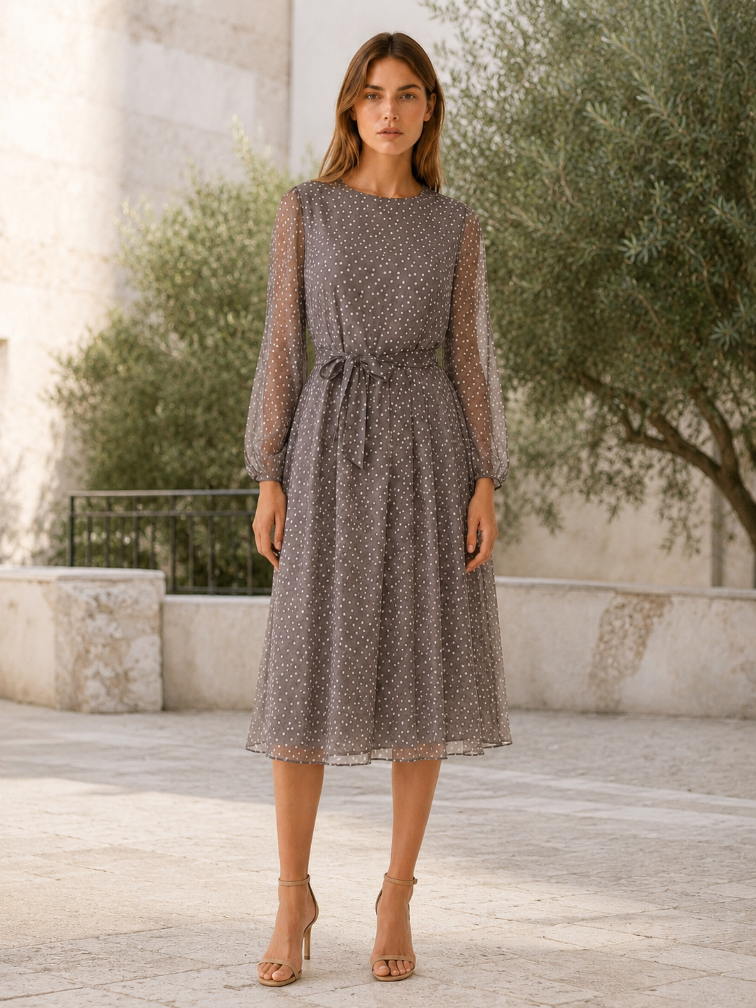 Marvyn | Polka Dot Midi Dress with Tie Waist Long Sleeves
