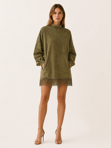 Marzia | Turtleneck Mini Dress with Fringe Hem