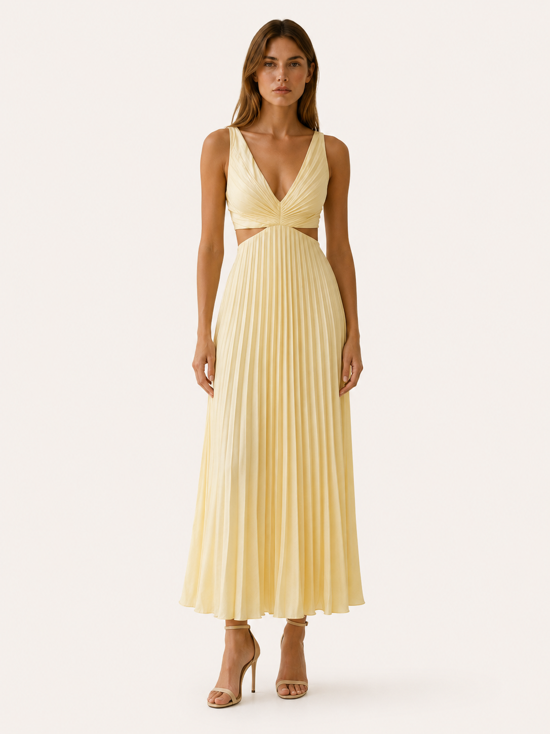 Mercia | Pleated Maxi Dress with V Neck Cut-Out Waist