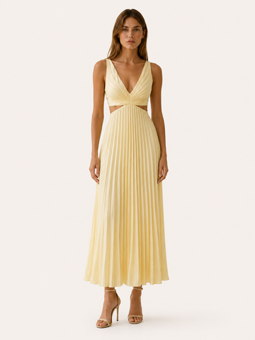 Mercia | Pleated Maxi Dress with V Neck Cut-Out Waist