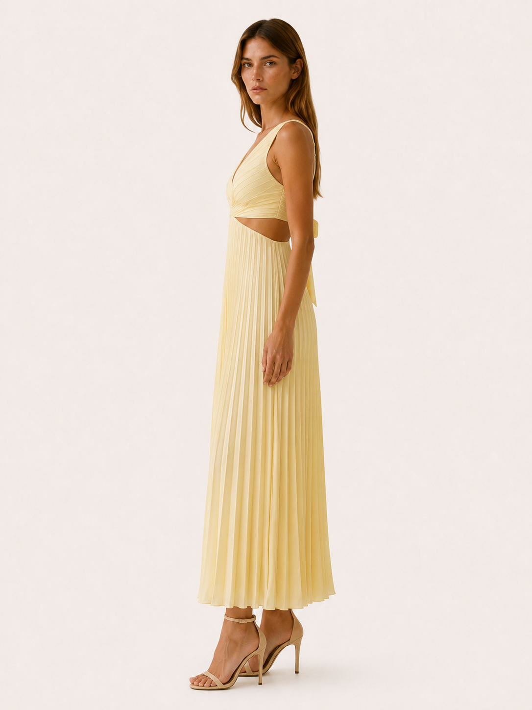 Mercia | Pleated Maxi Dress with V Neck Cut-Out Waist