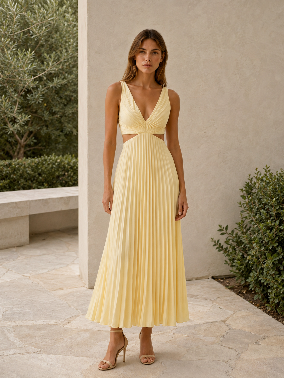 Mercia | Pleated Maxi Dress with V Neck Cut-Out Waist