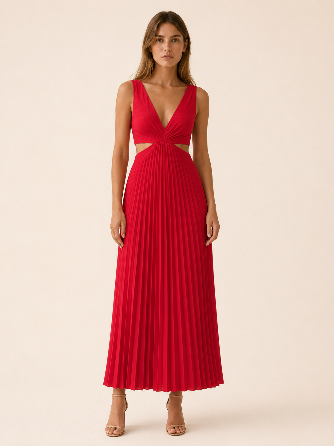 Mercia | Pleated Maxi Dress with V Neck Cut-Out Waist