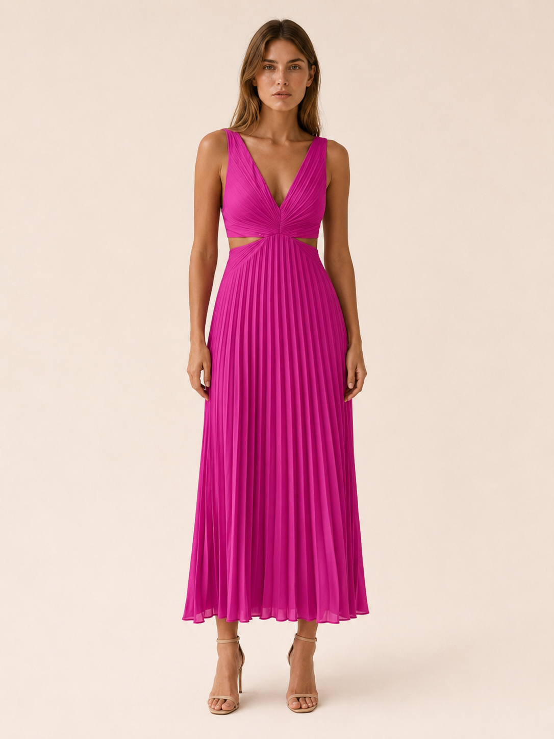 Mercia | Pleated Maxi Dress with V Neck Cut-Out Waist