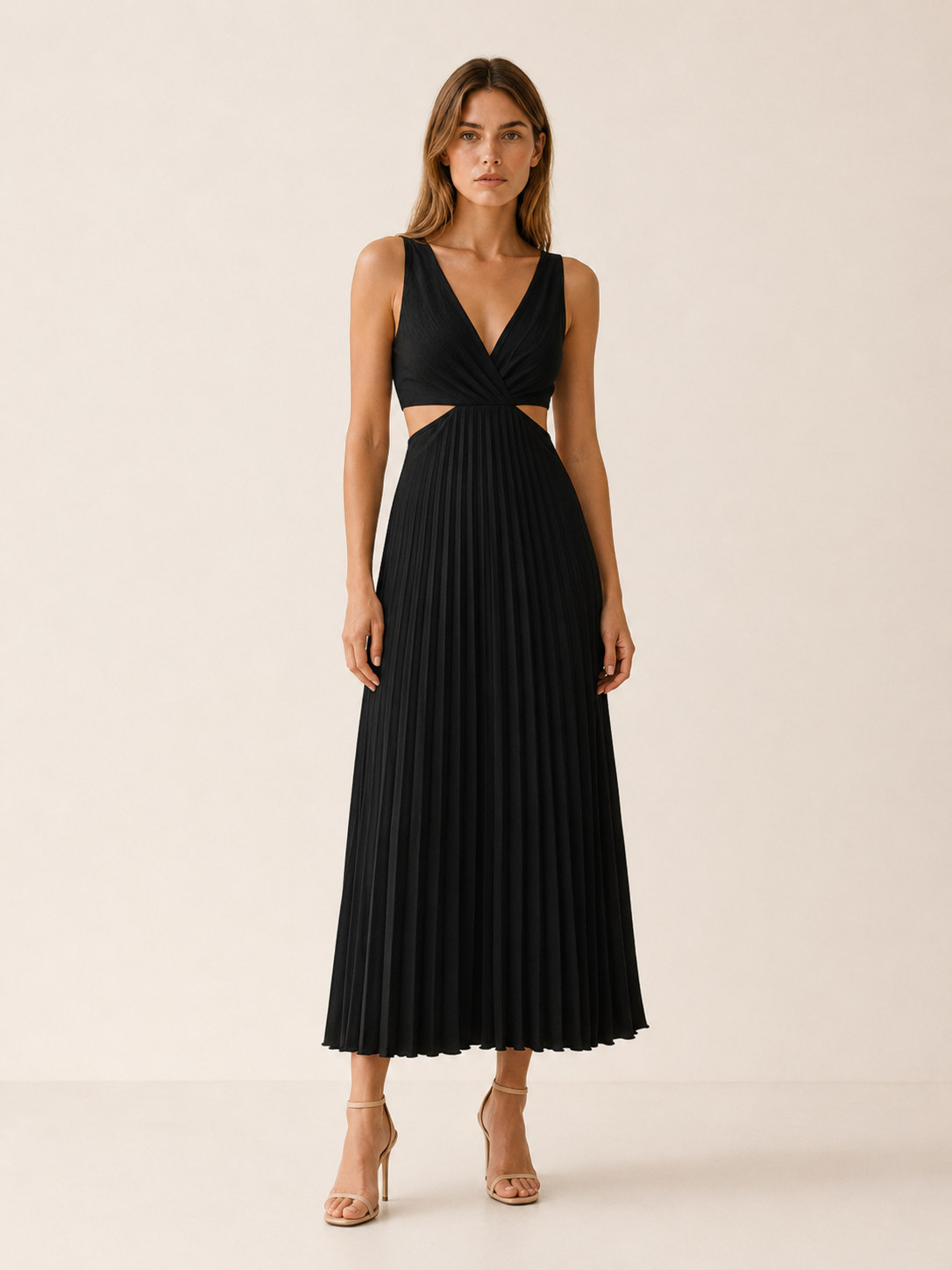 Mercia | Pleated Maxi Dress with V Neck Cut-Out Waist
