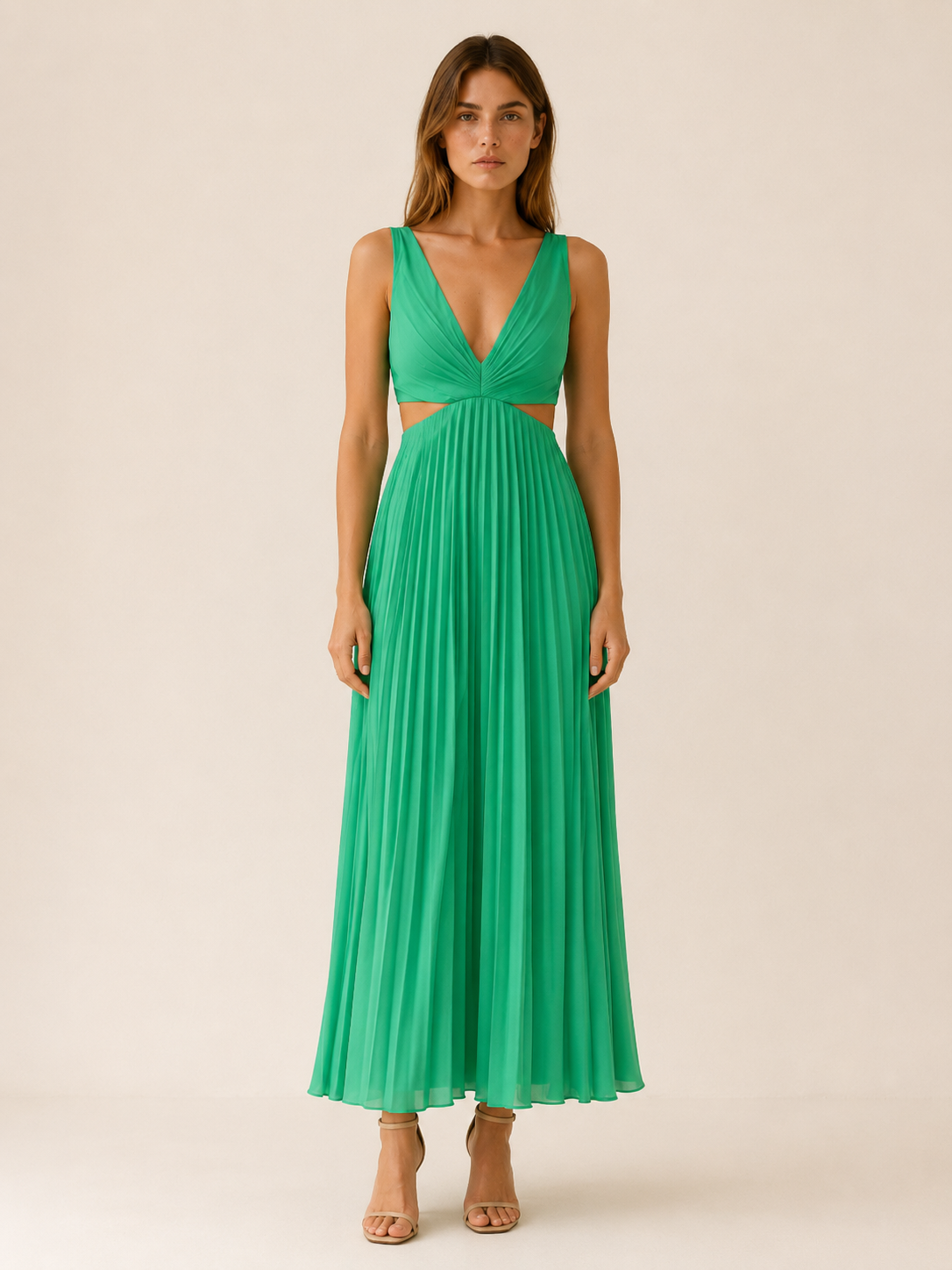 Mercia | Pleated Maxi Dress with V Neck Cut-Out Waist
