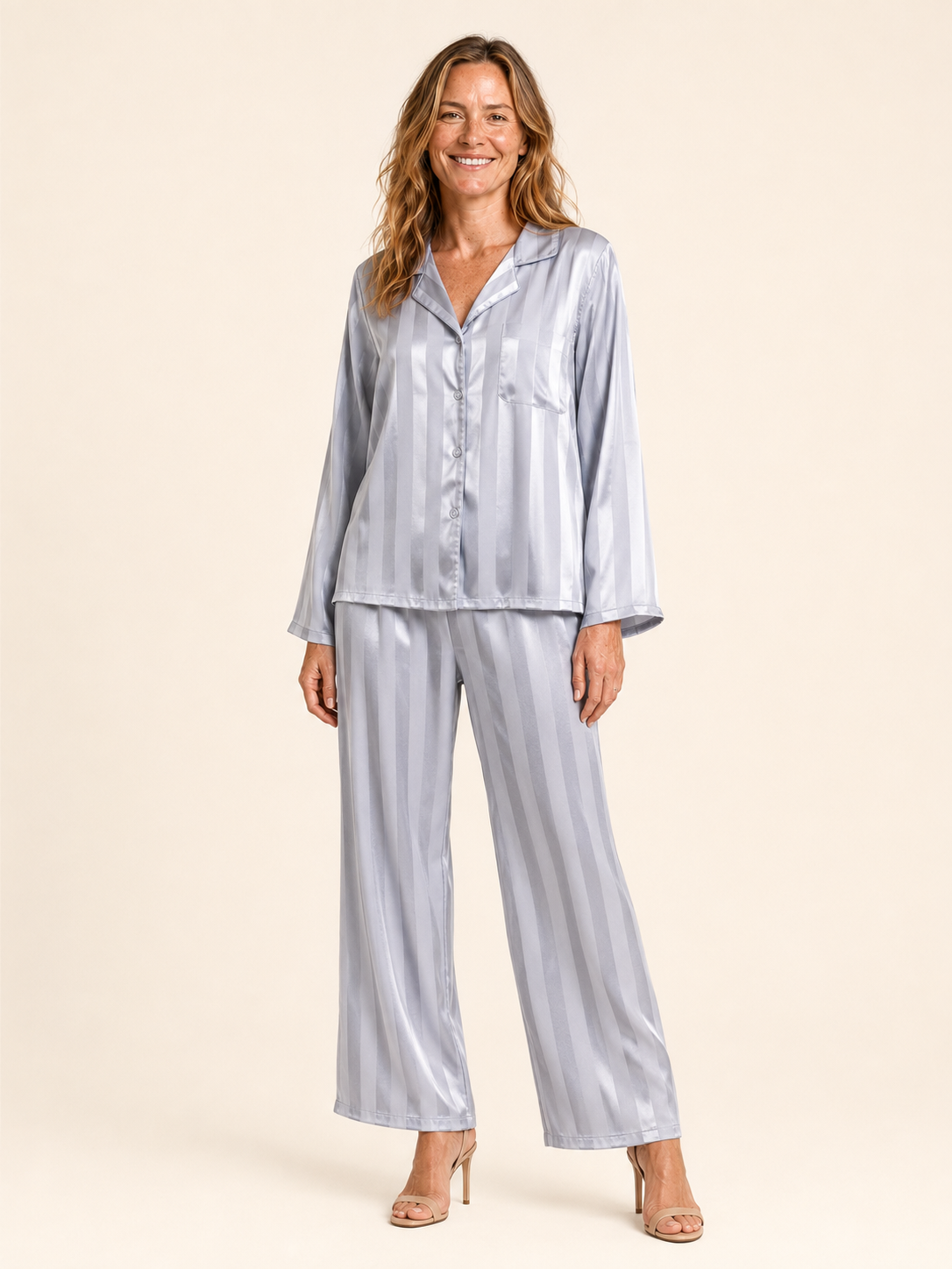 Meredith | Women's Striped Satin Shirt and Pants Pyjama Set