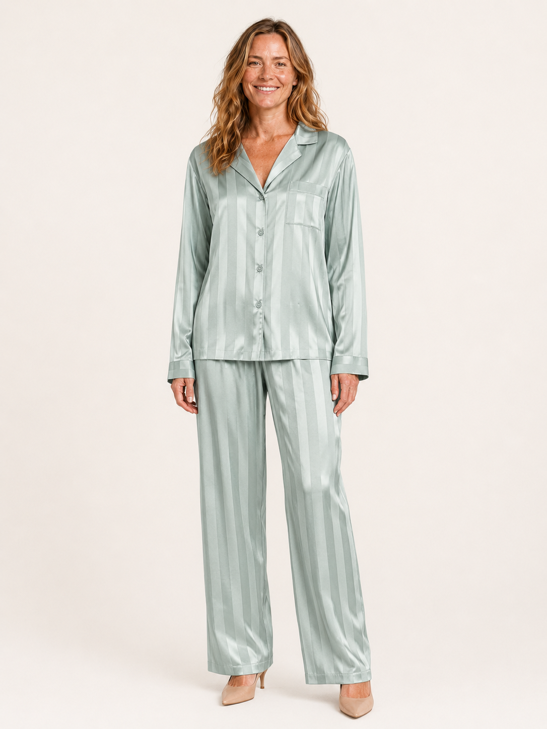 Meredith | Women's Striped Satin Shirt and Pants Pyjama Set