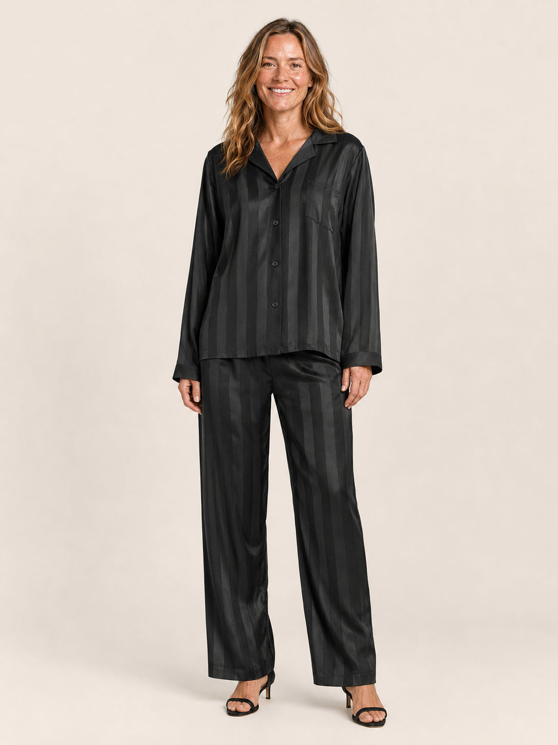 Meredith | Women's Striped Satin Shirt and Pants Pyjama Set