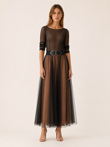 Merovia | Boat Neck Maxi Dress with Overlay