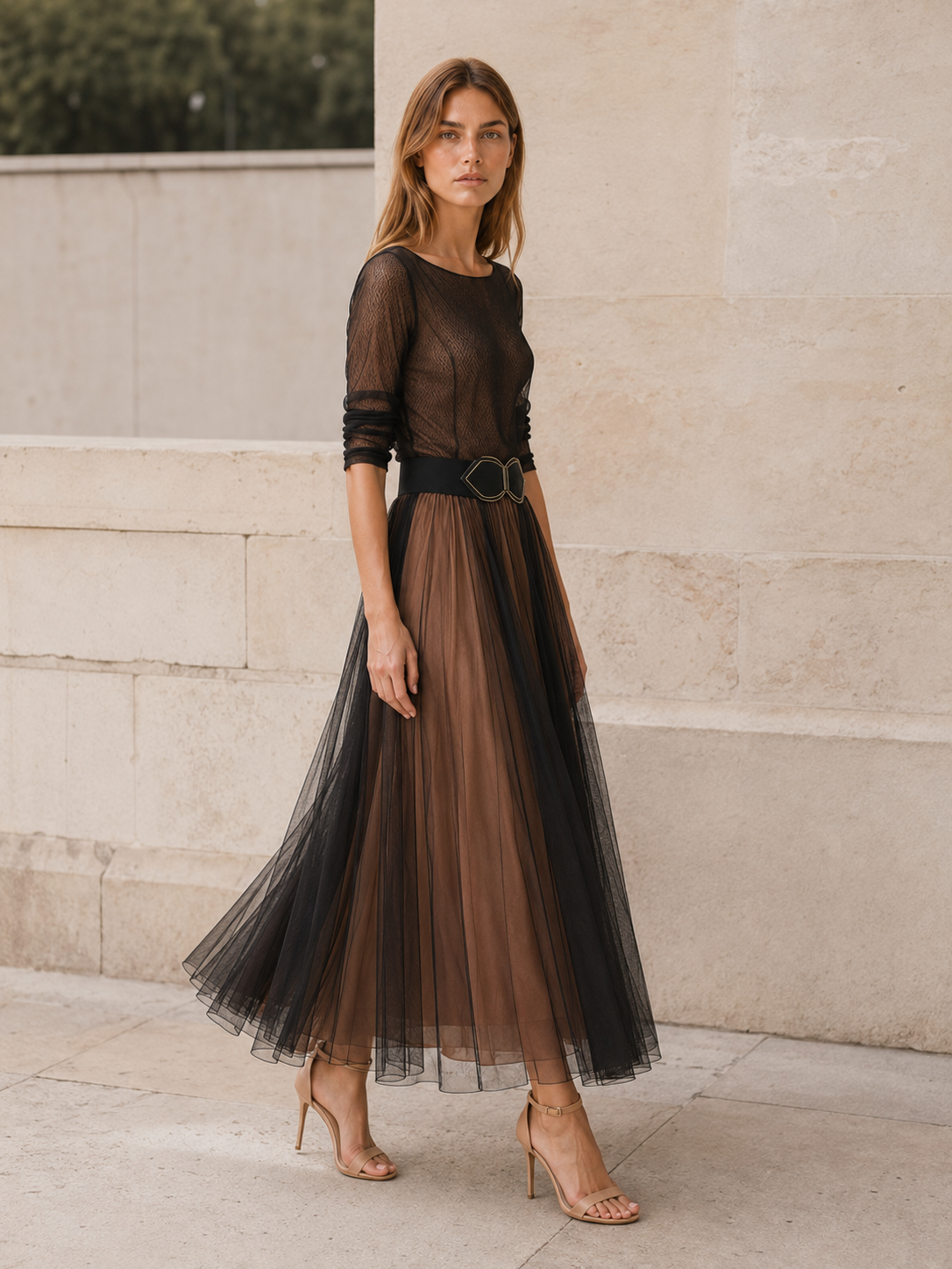 Merovia | Boat Neck Maxi Dress with Overlay