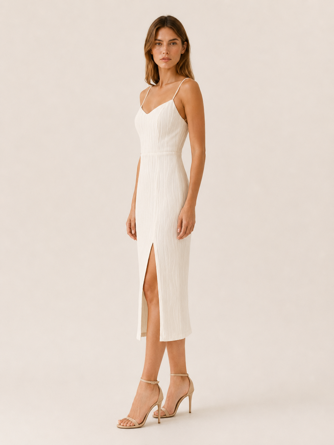 Meryl | Pearl Strap Midi Dress with Side Slit