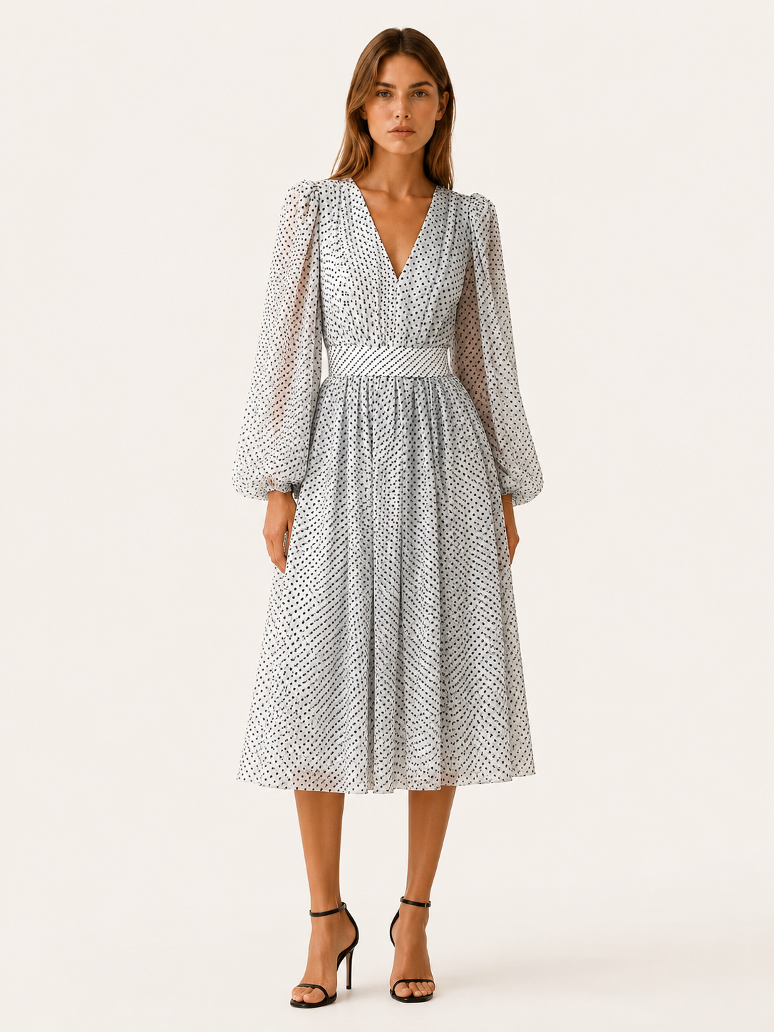 Mirta | Polka Dot Midi Dress with V Neck and Balloon Sleeves