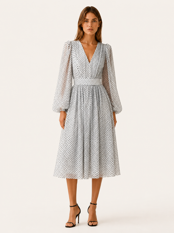 Mirta | Polka Dot Midi Dress with V Neck and Balloon Sleeves