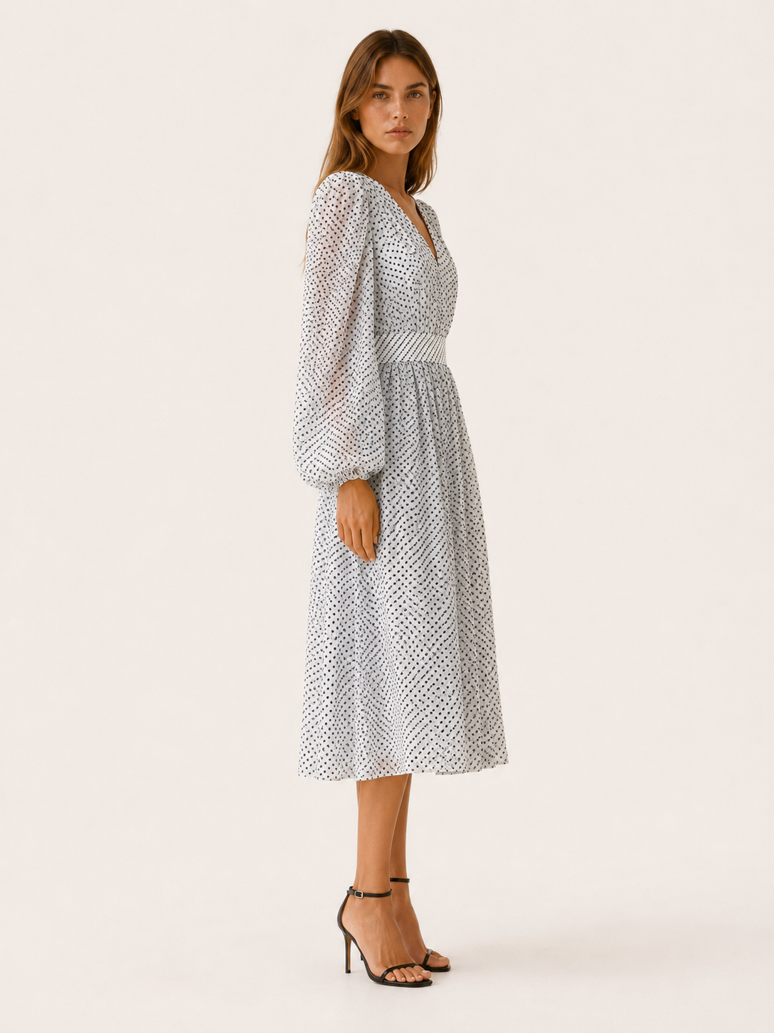 Mirta | Polka Dot Midi Dress with V Neck and Balloon Sleeves