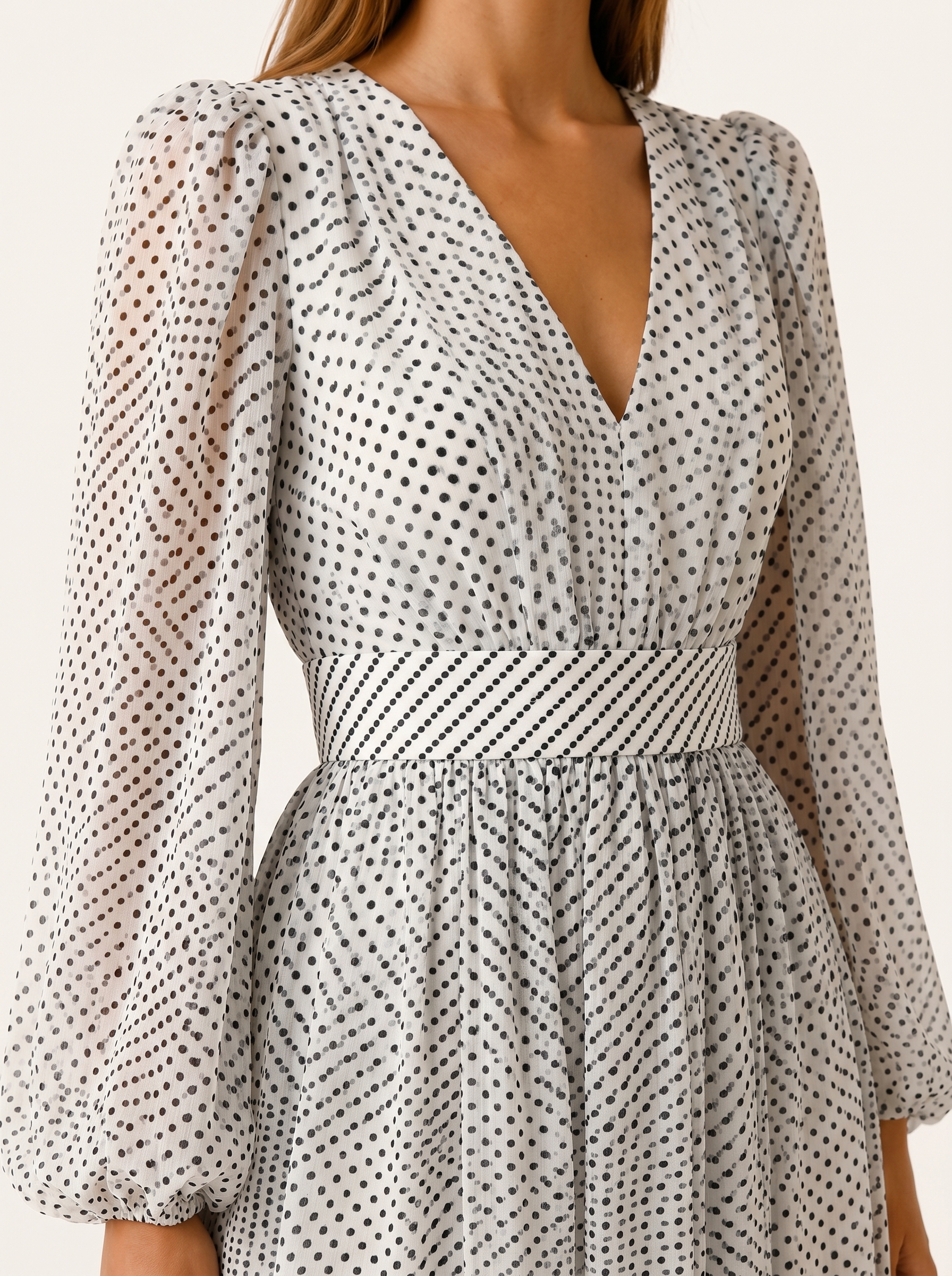 Mirta | Polka Dot Midi Dress with V Neck and Balloon Sleeves