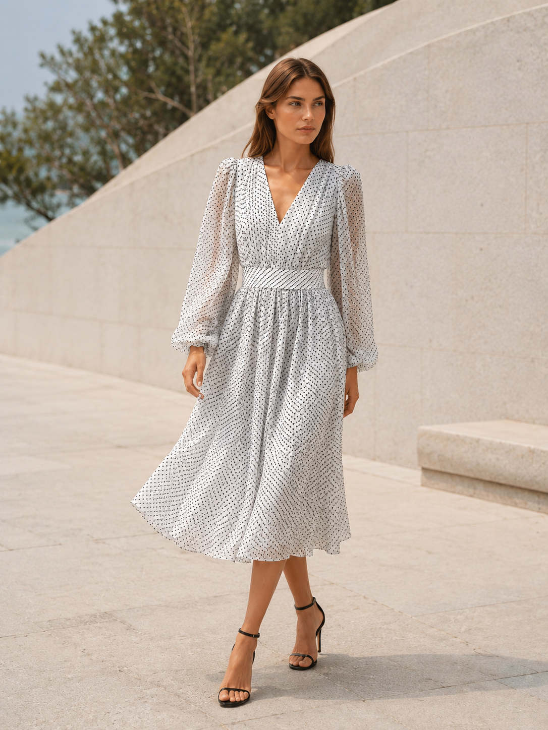 Mirta | Polka Dot Midi Dress with V Neck and Balloon Sleeves