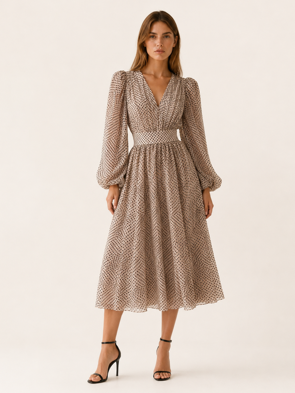 Mirta | Polka Dot Midi Dress with V Neck and Balloon Sleeves